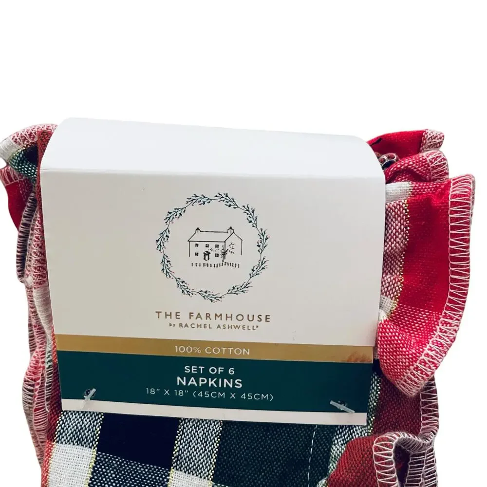 RACHEL ASHWELL Farmhouse Set 6 Christmas Plaid Cloth Napkins Red Green Gold NWT